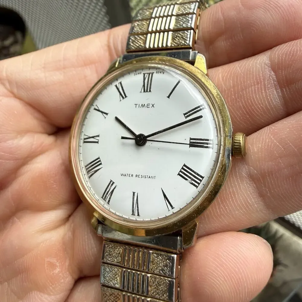 Vintage 70’s Timex Marlin Windup Wrist Watch Gold Tone Roman Numerals with Box